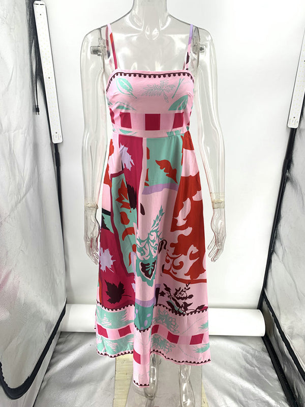 Pleated Printed Split-Joint High Waisted Sleeveless Collarless Slip Dress Midi Dresses