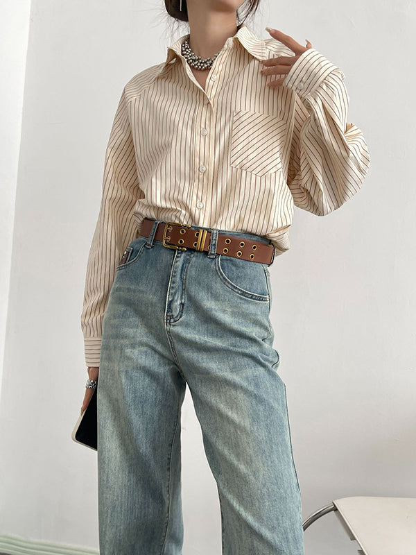 Split-Joint Striped Long Sleeves Loose Lapel Blouses