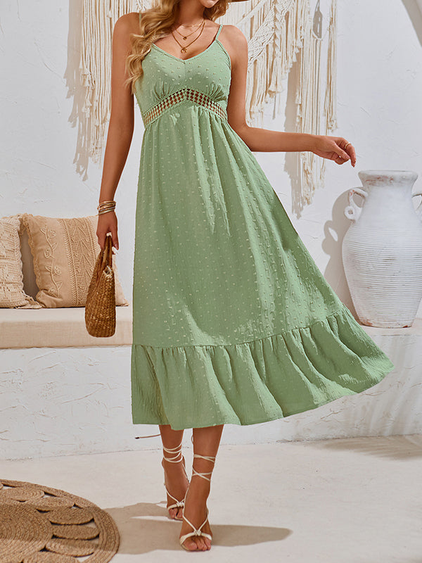 Hollow Jacquard Pleated Solid Color Split-Joint A-Line Loose Spaghetti-Neck Midi Dresses