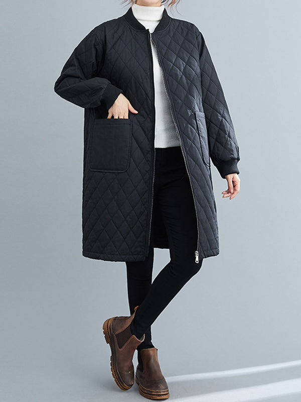 Pockets Quilted Solid Color Zipper Long Sleeves Loose Stand Collar Padded Coat