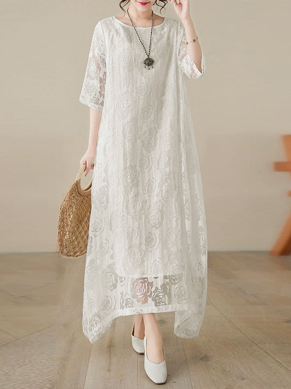 Gauze See-Through Solid Color Half Sleeves Loose Round-Neck Maxi Dresses