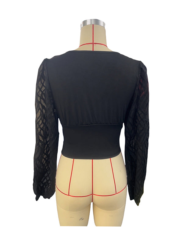 Buttoned Mesh Pleated See-Through Solid Color Split-Joint Long Sleeves Loose Deep V-Neck Blouses&shirts Tops