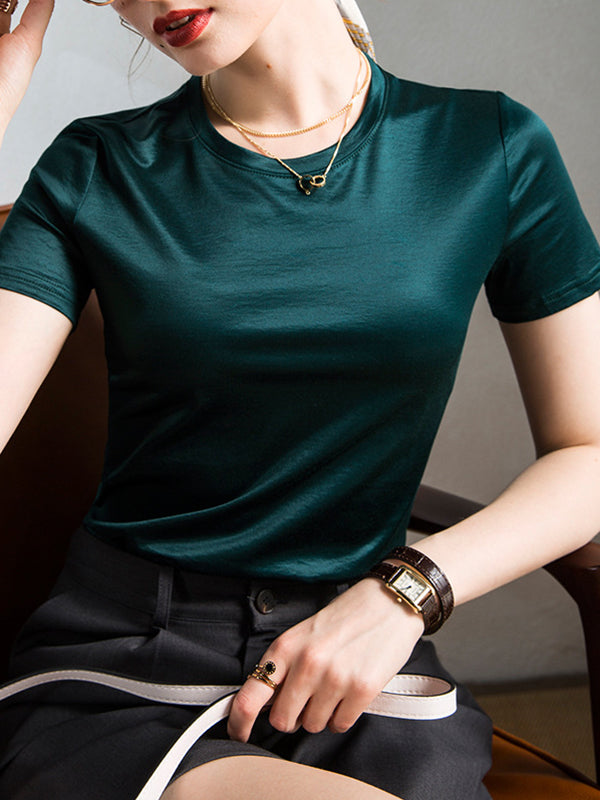 Shiny Solid Color Loose Short Sleeves Round-Neck T-Shirts Tops