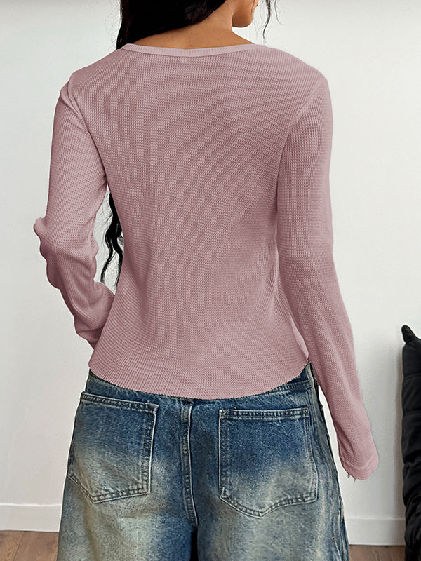 Buttoned Solid Color Long Sleeves Skinny Round-neck Blouses&shirts Tops