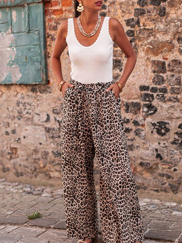 Drawstring Elasticity Leopard Pockets High Waisted Loose Trousers Pants