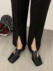 Buckle Hollow Split-Joint Square-Toe Loafers Flat Shoes