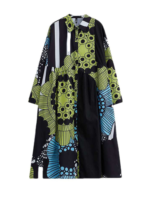 Asymmetric Buttoned Printed Split-Joint A-Line Long Sleeves Lapel Shirt Dress Midi Dresses