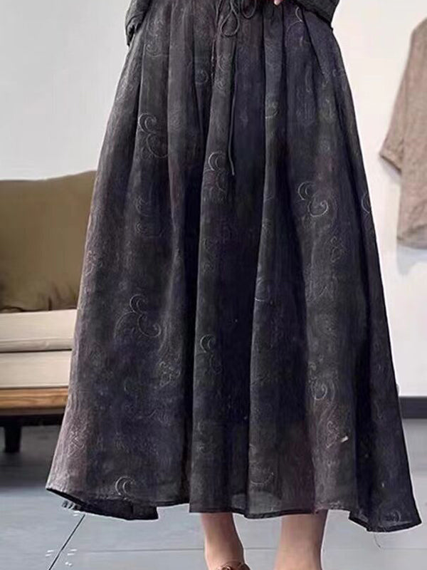 Drawstring Elasticity Floral Printed Loose Skirts