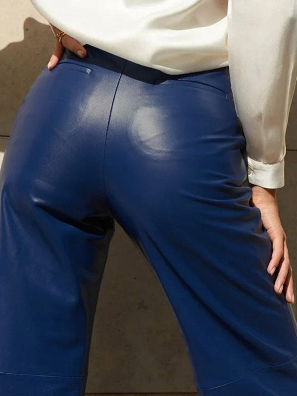 High-Waisted Solid Color Split-Joint Skinny Leg Straight Leg PU Trousers Pants