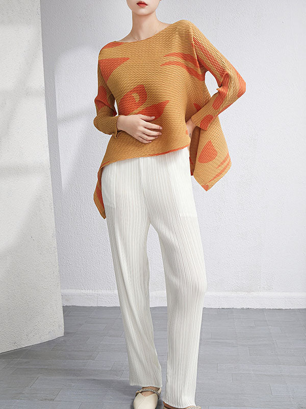 Casual Irregularity Loose Printed Pleated Round-Neck T-Shirts Tops