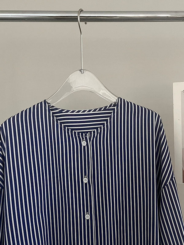 Striped Long Sleeves Loose Round-Neck Shirt Dress Midi Dresses