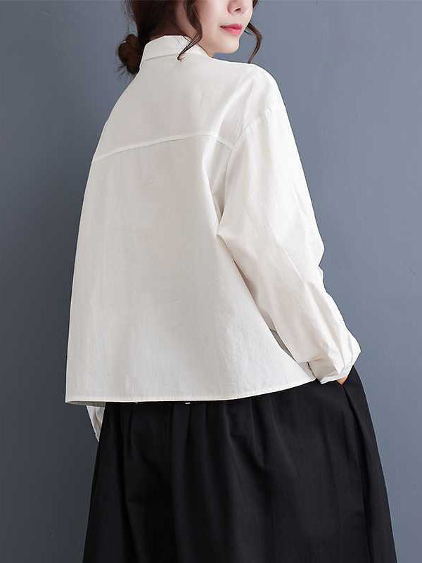 Applique Buttoned Embroidered Long Sleeves Loose Lapel Blouses&Shirts Tops