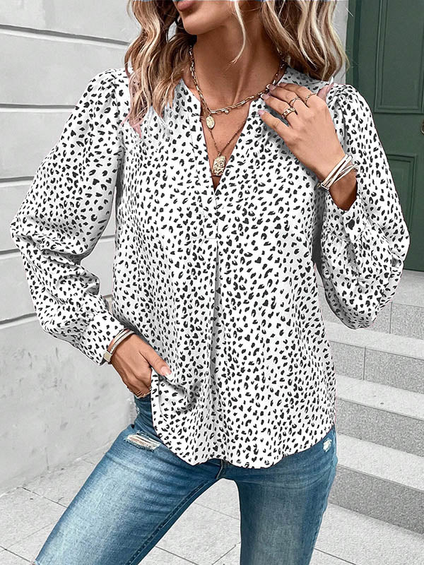 Leopard Pleated Long Sleeves Loose V-Neck Blouses&Shirts Tops