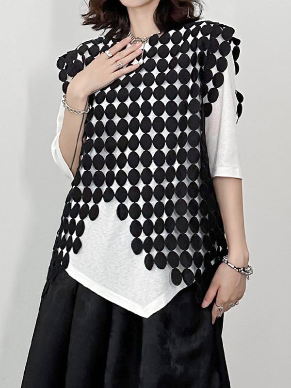 Hollow Solid Color Split-Joint Irregular Clipping Loose Round-Neck Vest Top