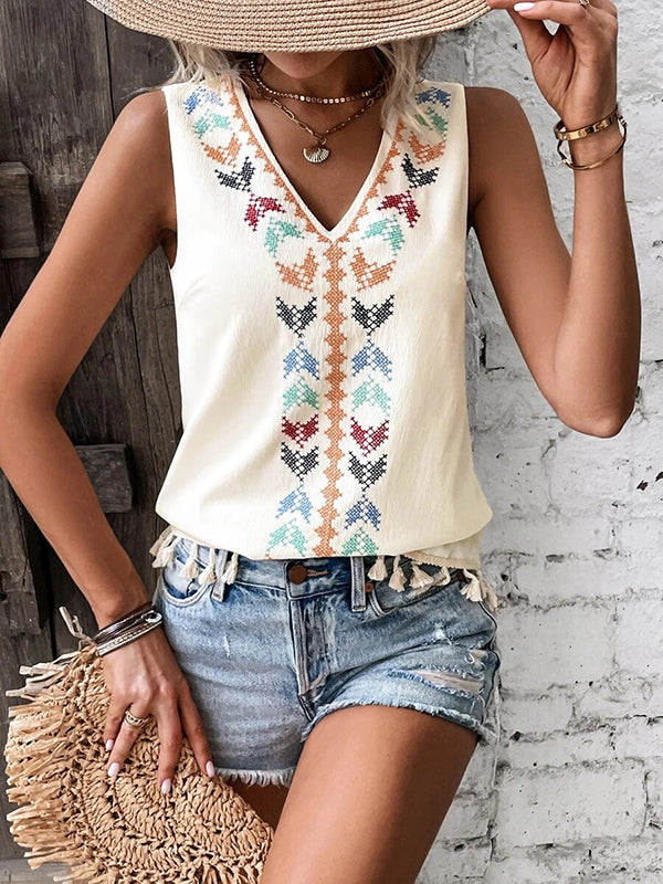Embroidered Tasseled Loose Sleeveless V-Neck Vest Top