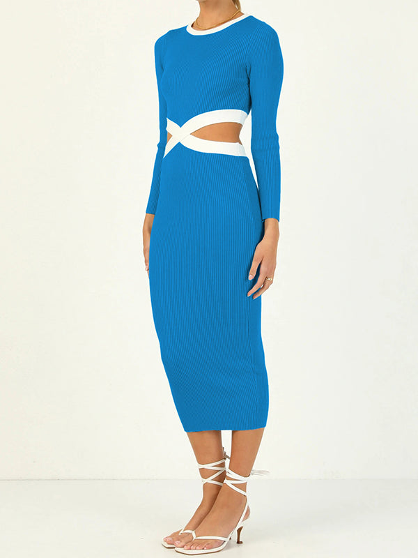 Hollow High Waisted Long Sleeves Round-Neck Midi Dresses