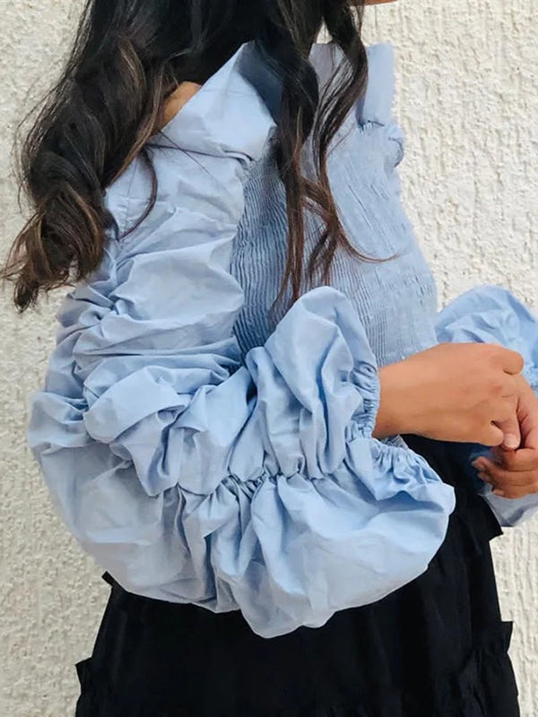 Elasticity Ruffle Trim Solid Color Split-Joint Long Sleeves Loose Off-The-Shoulder Blouses&Shirts Tops