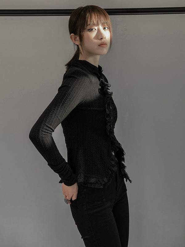 Stylish Asymmetric Buttoned Hollow Lace Stand Collar Long Sleeves Knitwear Cardigan