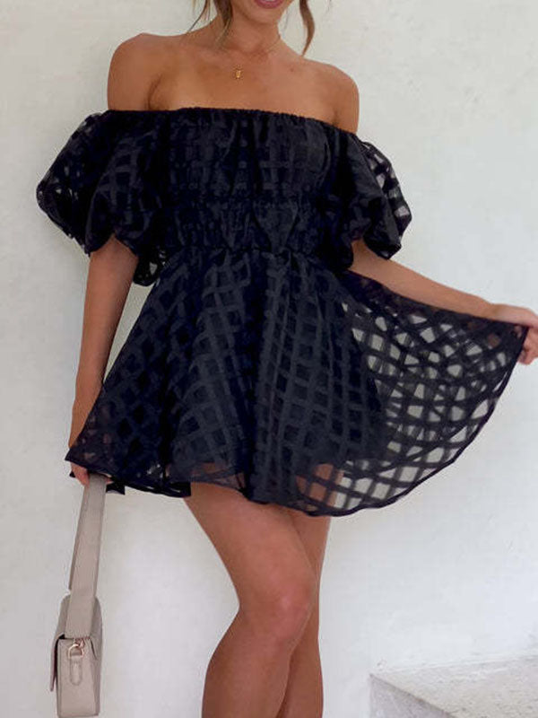 Elasticity Solid Color Split-Joint High Waisted Loose Off-The-Shoulder Mini Dresses