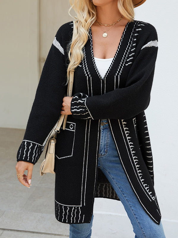 Jacquard Split-Joint Long Sleeves Loose V-Neck Cardigan Tops