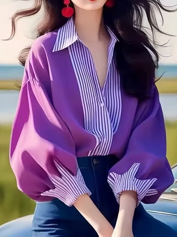 Buttoned Contrast Color Split-Joint Striped Long Sleeves Loose Lapel Blouses&Shirts Tops