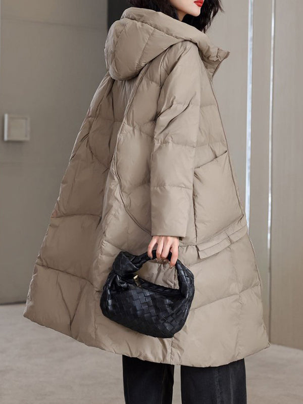 Pockets Solid Color Split-Joint Long Sleeves Loose Hooded Down Coat