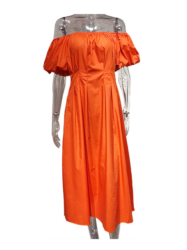 Elasticity Pleated Solid Color Split-Joint Loose Puff Sleeves Off-The-Shoulder Midi Dresses