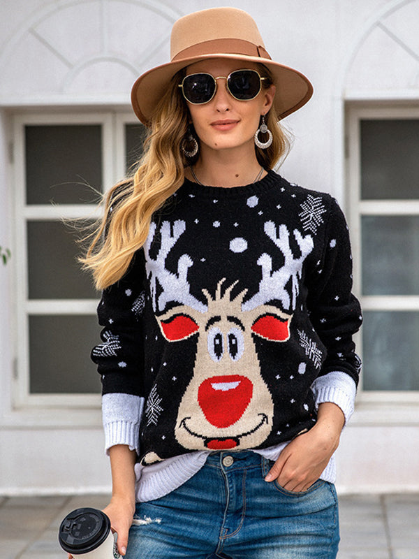 Casual Loose Long Sleeves Printed Round-Neck Sweater Tops
