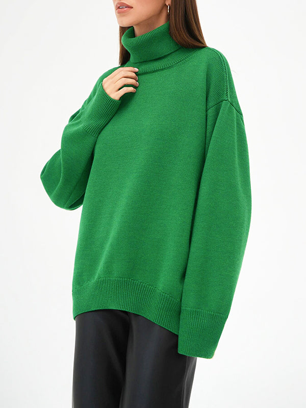 Solid Color Split-Joint High-Low Long Sleeves High Neck Sweater Tops