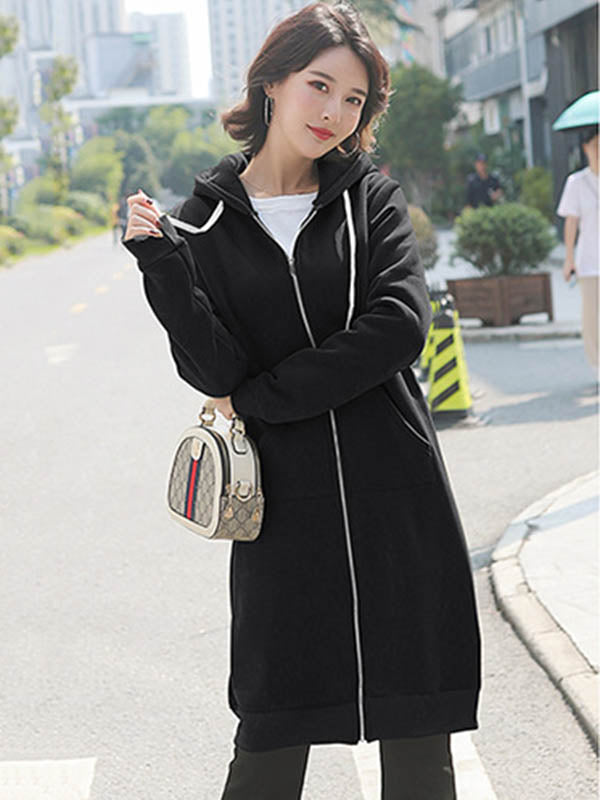 4Colors Drawstring Hooded Split-Joint Pocket Solid Color Zipper Outerwear