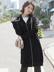 4Colors Drawstring Hooded Split-Joint Pocket Solid Color Zipper Outerwear
