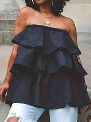 Elasticity Layered Ruffled Solid Color A-Line Loose Tube Vest Top