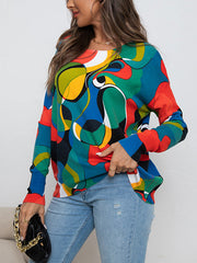 Contrast Color Printed Long Sleeves Loose Round-Neck Sweater Tops Pullovers Knitwear