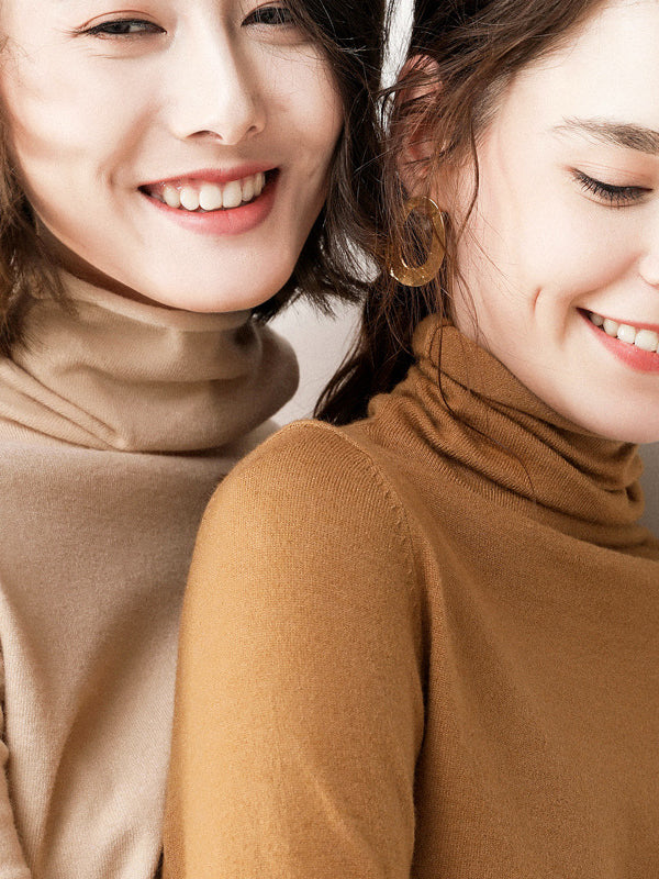 Casual Skinny Long Sleeves Solid Color Heaps Collar Sweater Tops Pullovers