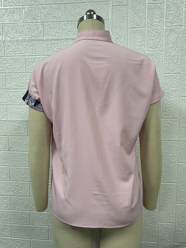 Buttoned Contrast Color Flower Print Striped Loose Short Sleeves V-Neck Blouses&Shirts Tops