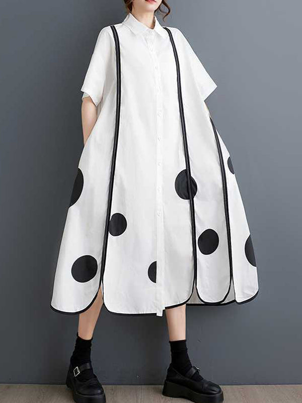 Buttoned Pockets Polka-Dot Split-Front Split-Joint A-Line Half Sleeves Lapel Shirt Dress Midi Dresses