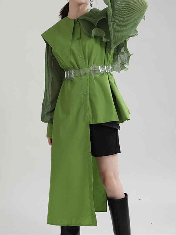 Asymmetric Pleated Solid Color Split-Joint Falbala Long Sleeves Loose Lapel Blouses&shirts Tops