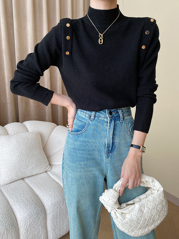 Buttoned Split-Joint Long Sleeves High-Neck Sweater Tops