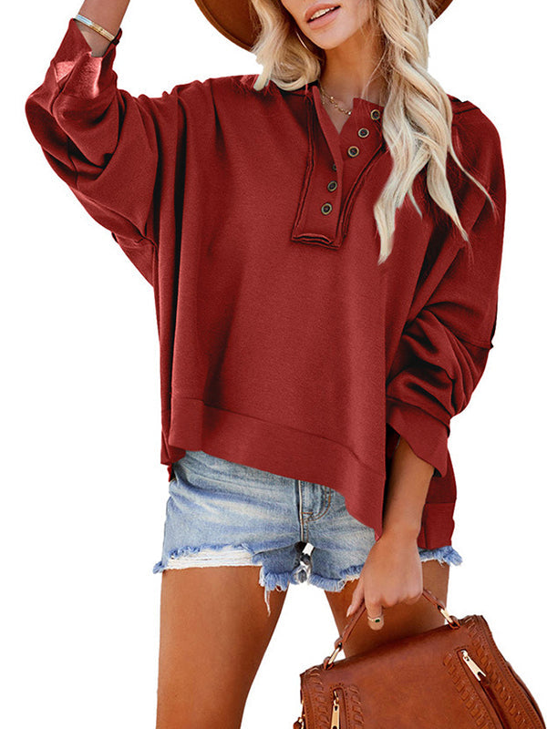 Buttoned Split-Joint Velvet Hooded Long Sleeves Sweatshirt Tops