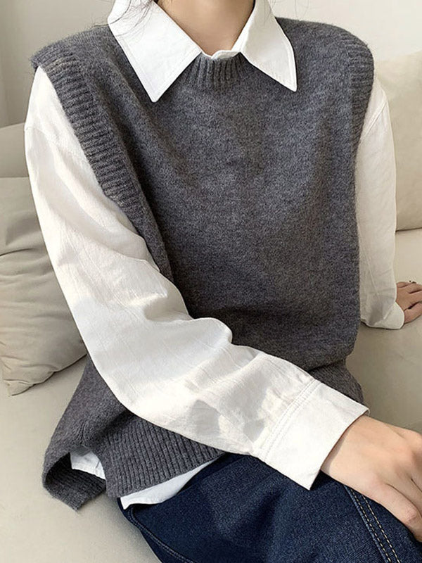 Solid Color Split-Joint Split-side High-low Loose Round-neck Vest Top Knitwear