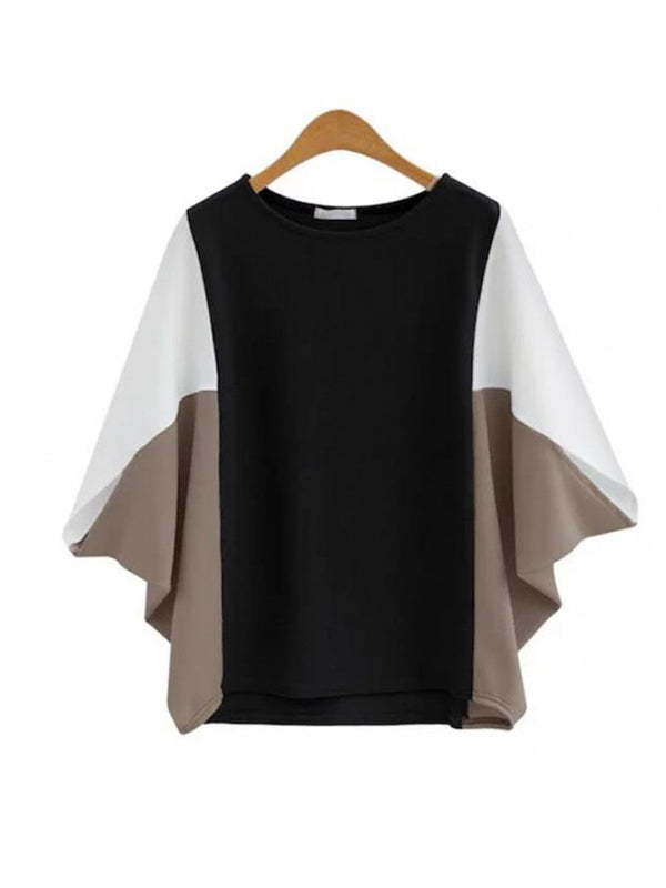 Contrast Color Split-Joint Batwing Sleeves Loose Round-Neck T-Shirts Tops