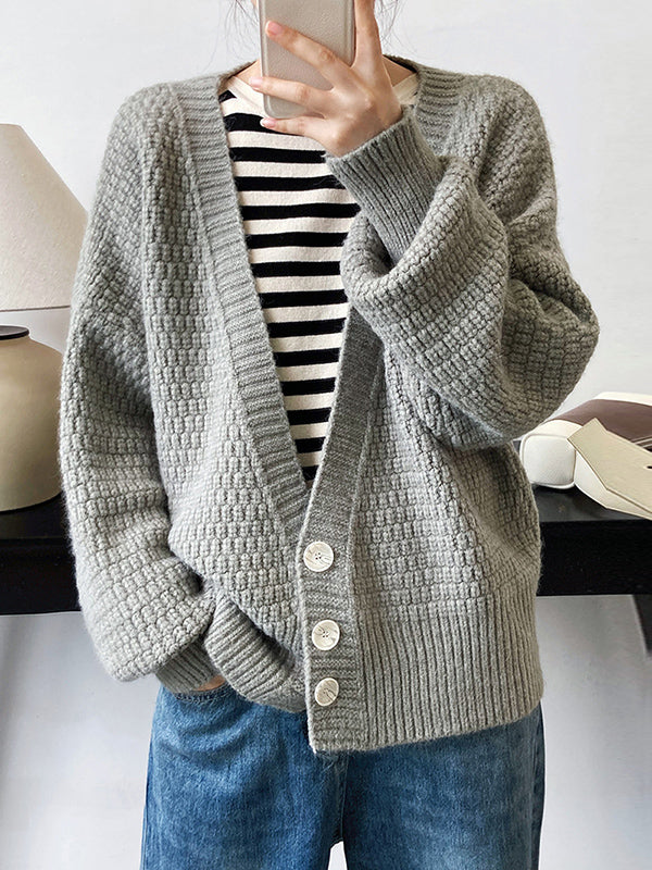 Trendy Loose Solid Color V-Neck Cardigan Tops