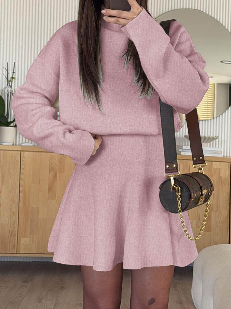 Elasticity Solid Color A-line High Waisted Round-neck Sweater Dresses Mini Dresses