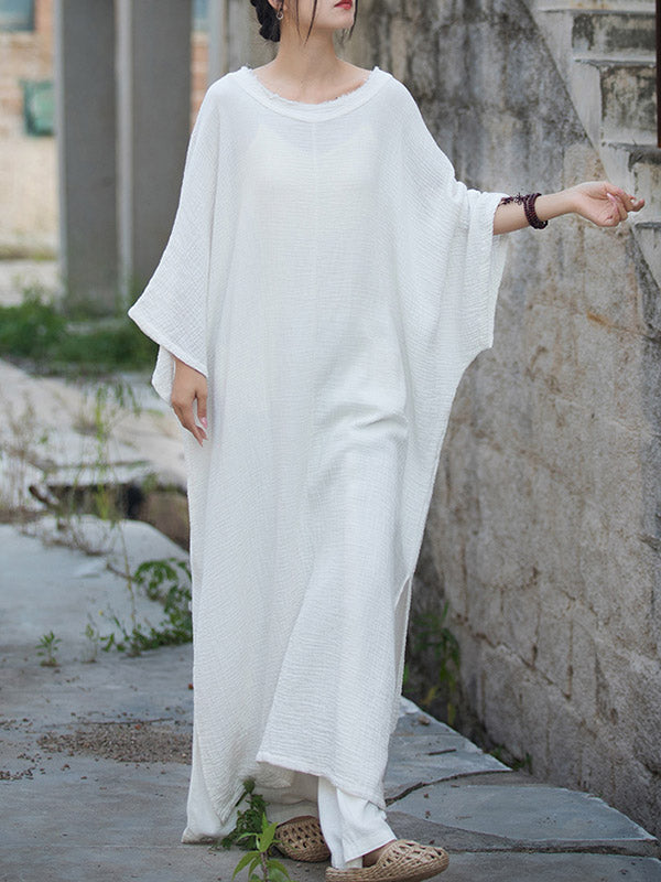 Solid Color Split-Joint Split-Side Batwing Sleeves Round-Neck Midi Dresses