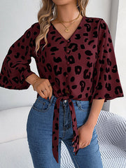 Buttoned Leopard Tied Flared Sleeves Half Sleeves V-Neck Blouses&Shirts Tops