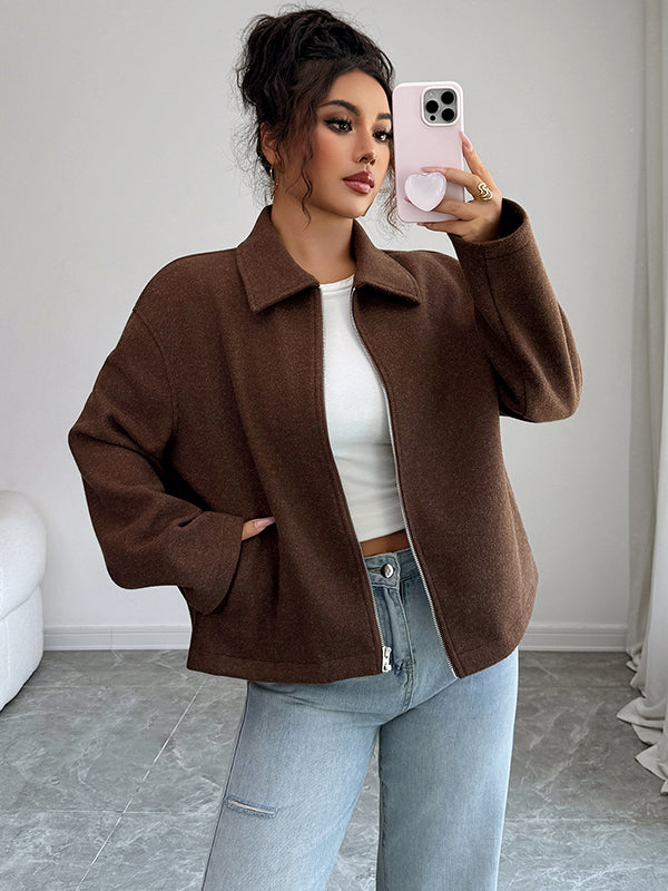 Solid Color Zipper Long Sleeves Loose Lapel Outerwear