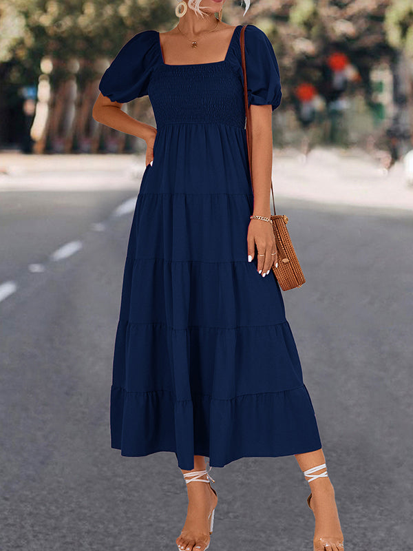 Elasticity Pleated Solid Color Split-Joint A-line Bishop Sleeve Square-neck Midi Dresses