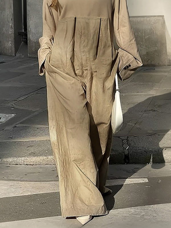 Pleated Pockets Split-Joint Long Sleeves Loose Round-Neck Jumpsuits