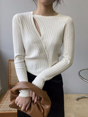 Asymmetric Solid Color Round-Neck Sweater Top