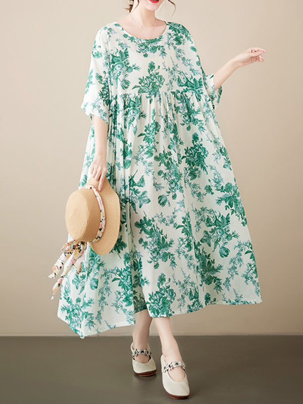 Floral Printed Pleated Split-Joint Loose Short Sleeves Round-Neck Midi Dresses